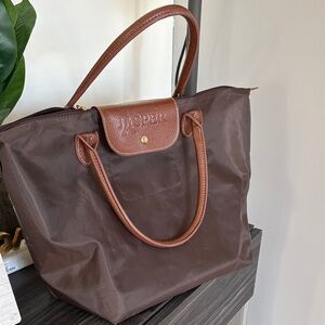 Longchamp-Inspired Brown Nylon Tote Bag with Leather Trim